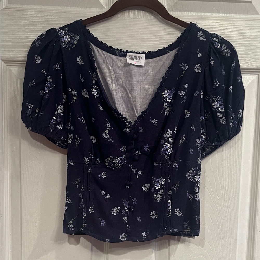 Sienna Sky Navy Floral Puff Sleeve Top - Picture 1 of 8